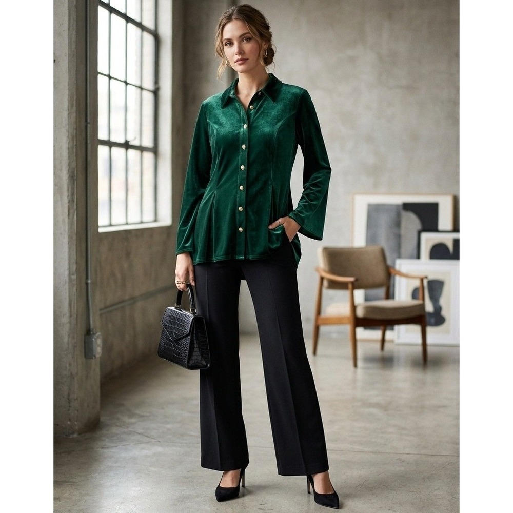 Soft Surroundings Velvet Button Down Top Womens Large Green Gold Button Gothic